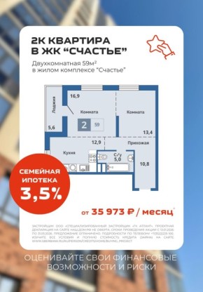 Идеальная двухкомнатная квартира для семьи с детьми: ставка всего 3,5%